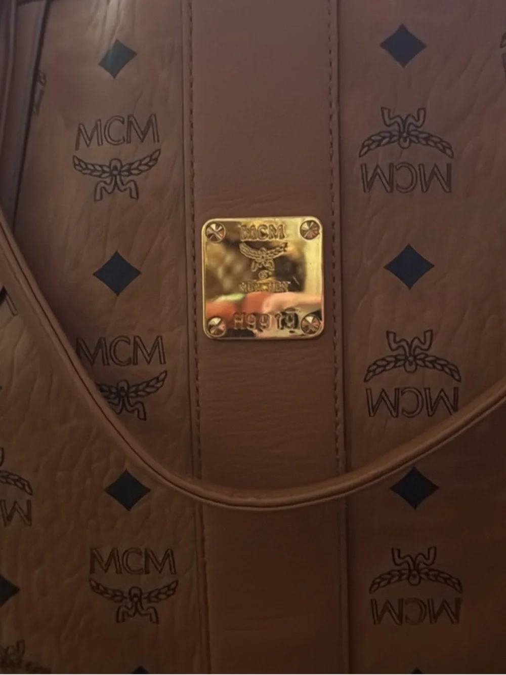 MCM Cognac Logo Visetos Tote with Gold Plate